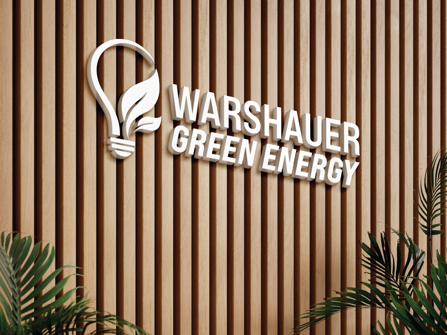 Warshauer Green Energy dimensional logo sign on a wood wall